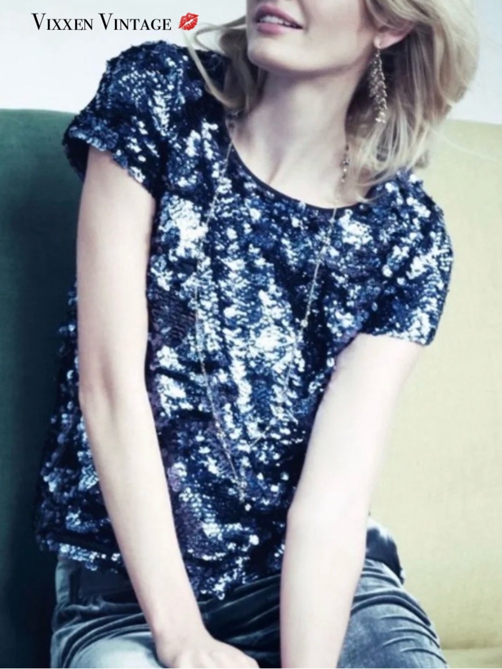 LEIFSDOTTIR X ANTHROPOLOGIE 'SEQUIN SHORT SLEEVE TOP' IN NAVY